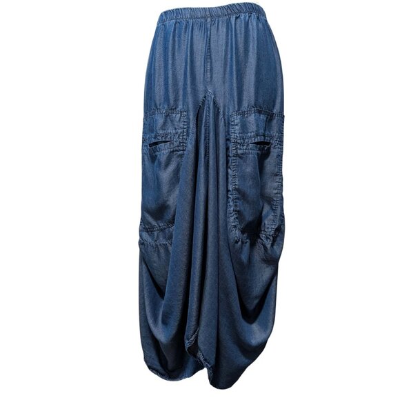 Tempo Paris Womens Size L Blue 100% Tencell Lagenlook Elastic Bubble Hem Skirt - Picture 1 of 8